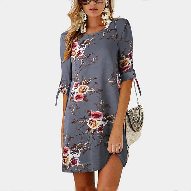 Women Boho Style Floral Print Chiffon Beach Dress Tunic Sundress Loose Mini Party Dress