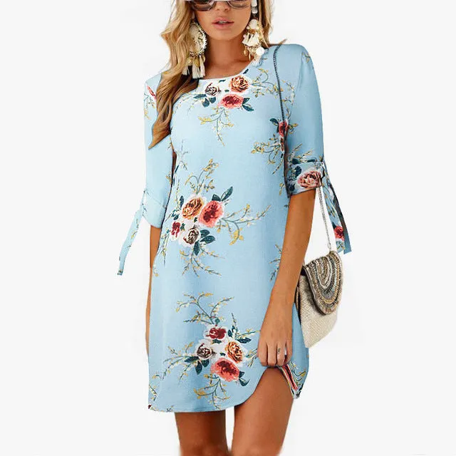 Women Boho Style Floral Print Chiffon Beach Dress Tunic Sundress Loose Mini Party Dress