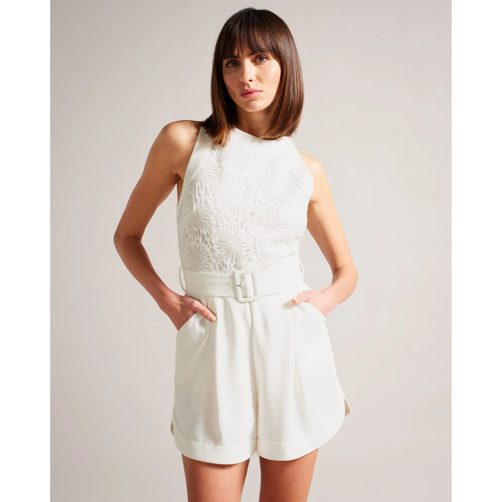 Women Wmt-Finliee-Sleeveless Belted Playsuit - White