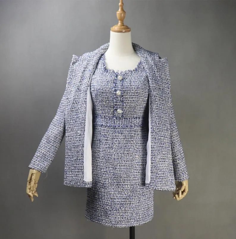 Women's CUSTOM MADE Tweed Dark Blue Jacket Coat Blazer  Dress/ Skirt/ Trousers