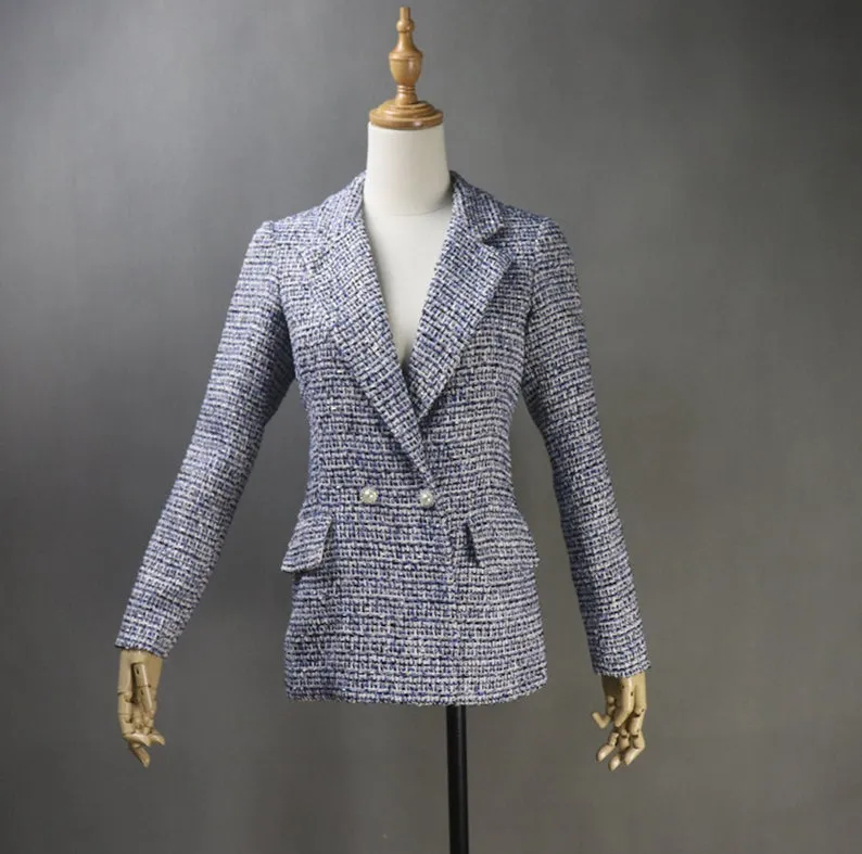 Women's CUSTOM MADE Tweed Dark Blue Jacket Coat Blazer  Dress/ Skirt/ Trousers
