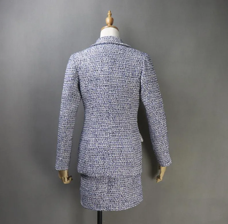 Women's CUSTOM MADE Tweed Dark Blue Jacket Coat Blazer  Dress/ Skirt/ Trousers