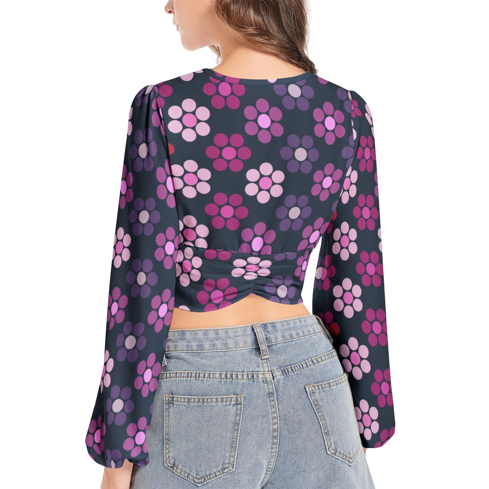 Women's Deep V-Neck Lantern Sleeve Crop Top