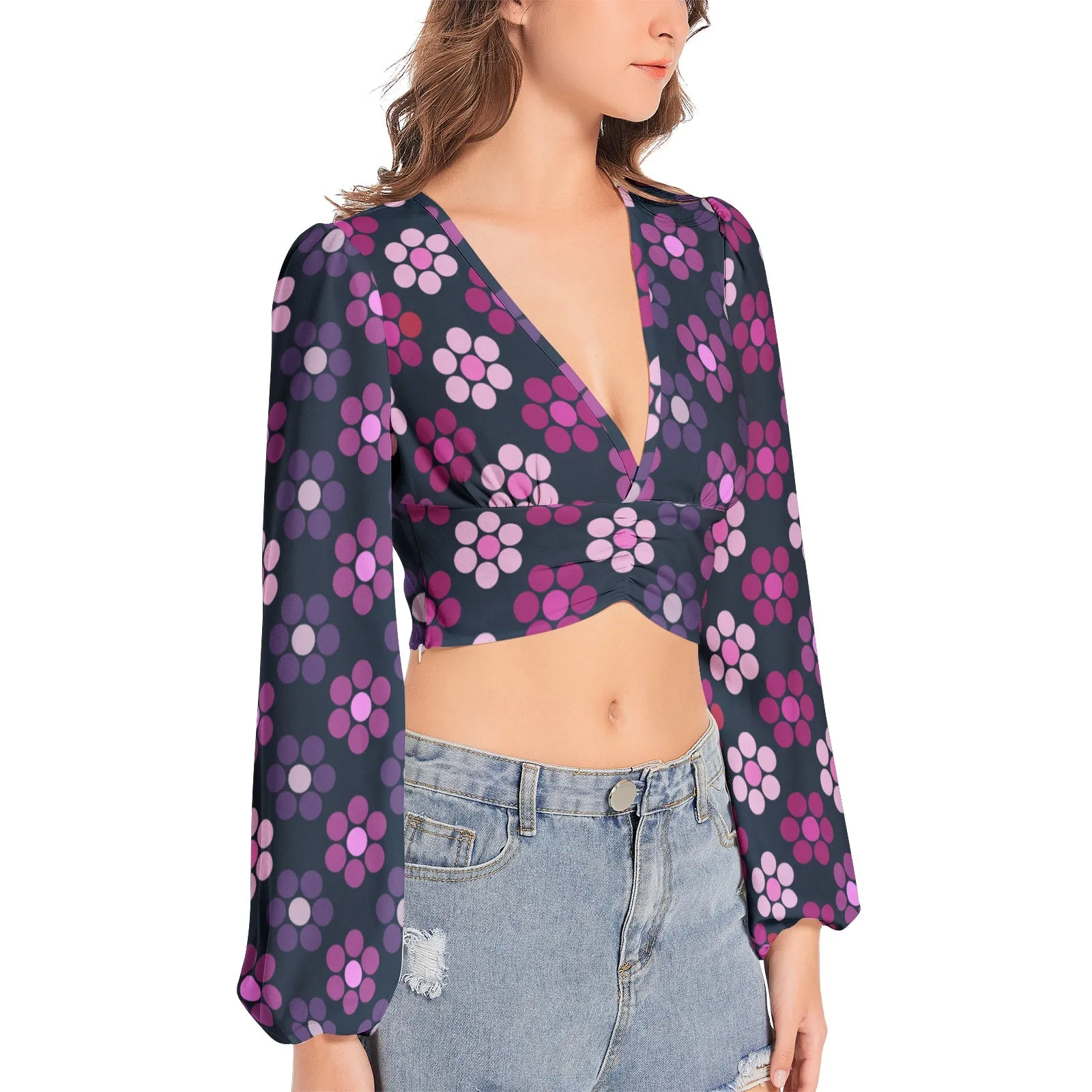 Women's Deep V-Neck Lantern Sleeve Crop Top