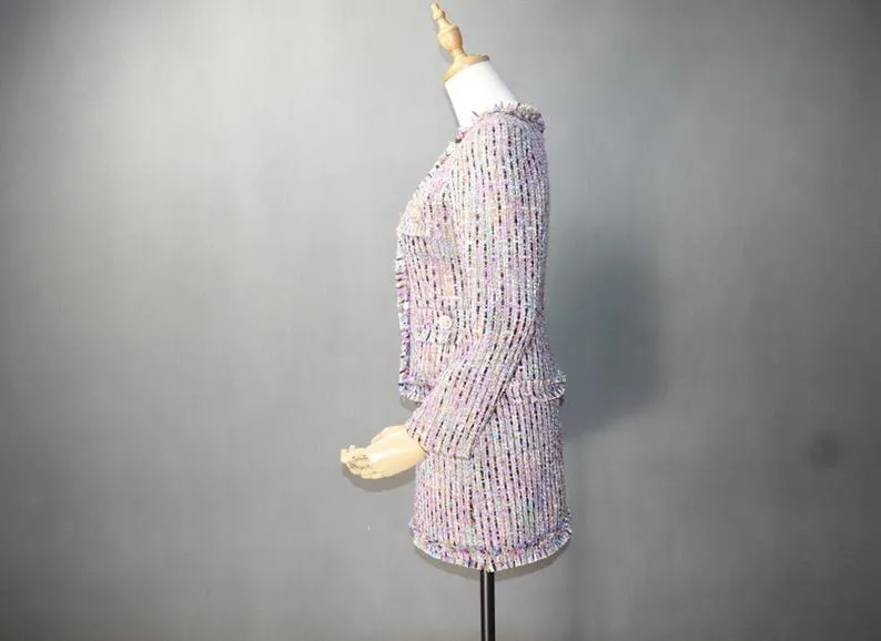 Women's Designer Inspired CUSTOM MADE Multi-Colour Tweed Jacket Coat Blazer   Skirt/ Shorts Suit 3 Colours