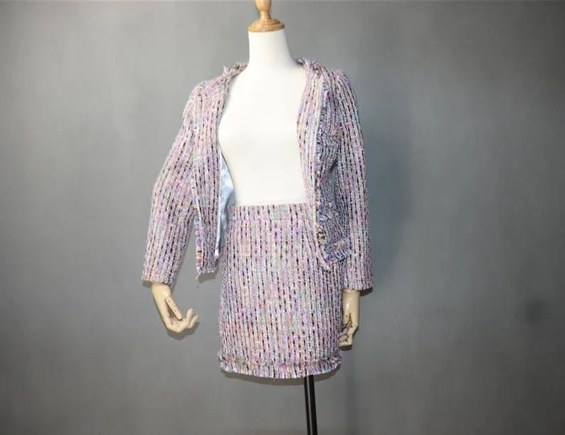 Women's Designer Inspired CUSTOM MADE Multi-Colour Tweed Jacket Coat Blazer   Skirt/ Shorts Suit 3 Colours