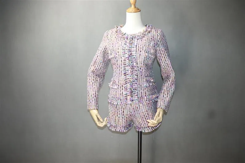 Women's Designer Inspired CUSTOM MADE Multi-Colour Tweed Jacket Coat Blazer   Skirt/ Shorts Suit 3 Colours