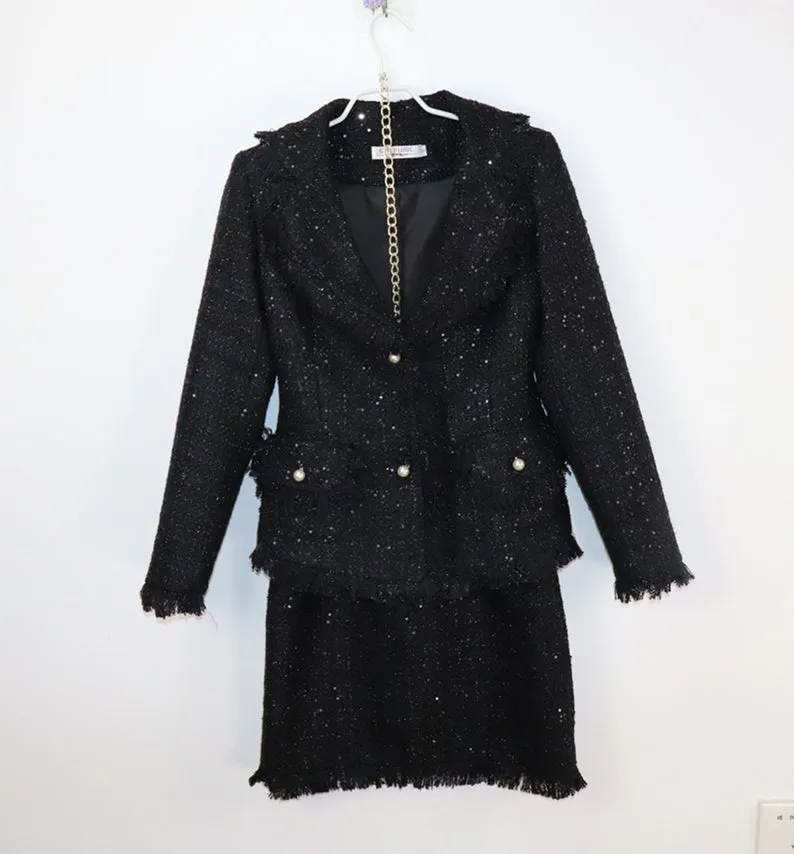 Women's Designer Inspired Custom Sequined Tweed Tassel Fringe Skirt Suit