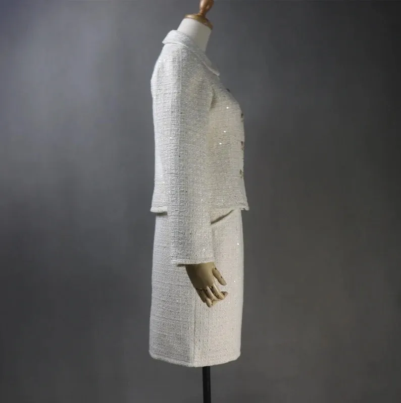 Women's Hand Made Vintage Style Light Beige Tweed Jacket Coat Blazer