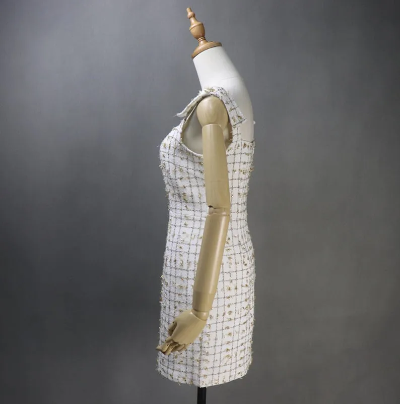 Women's Tweed Dress Golden Sparkle Decoration Checked Pattern