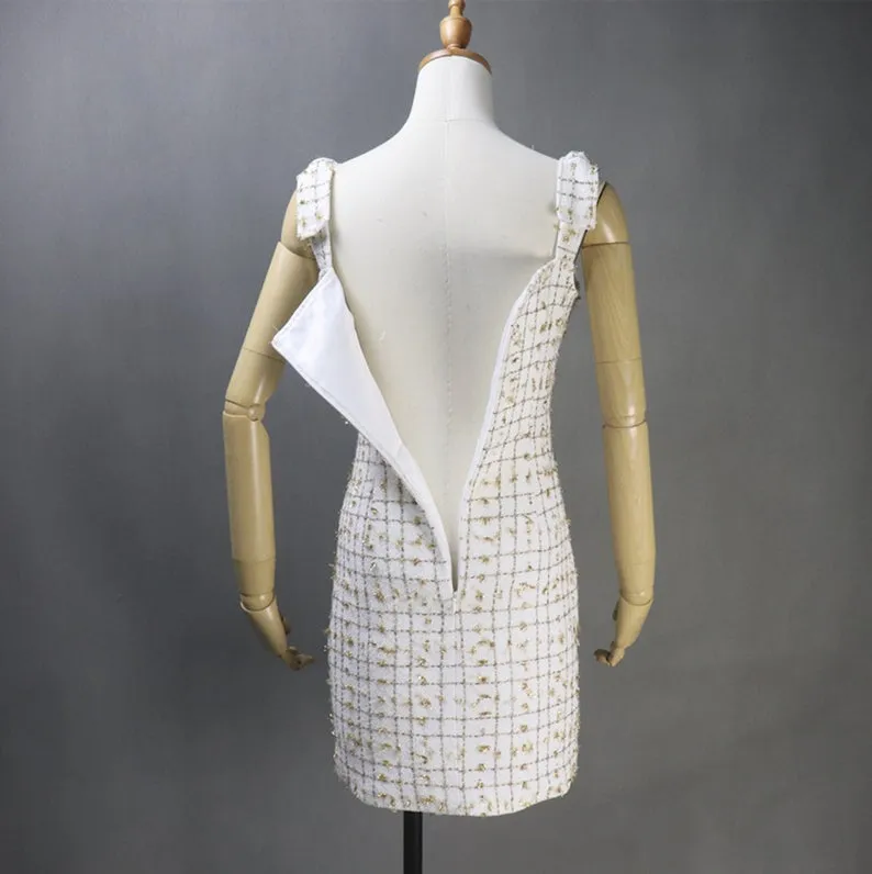 Women's Tweed Dress Golden Sparkle Decoration Checked Pattern