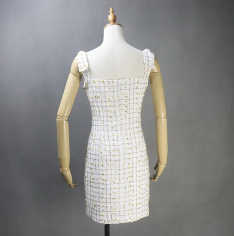 Women's Tweed Dress Golden Sparkle Decoration Checked Pattern