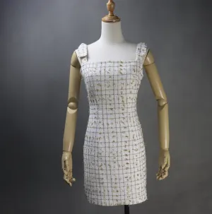 Women's Tweed Dress Golden Sparkle Decoration Checked Pattern