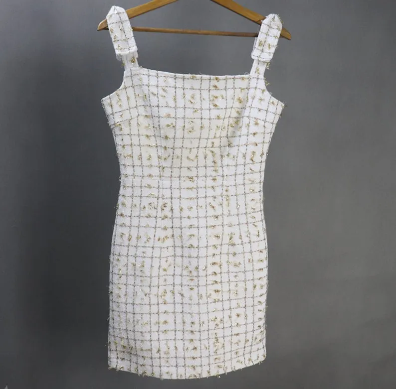 Women's Tweed Dress Golden Sparkle Decoration Checked Pattern