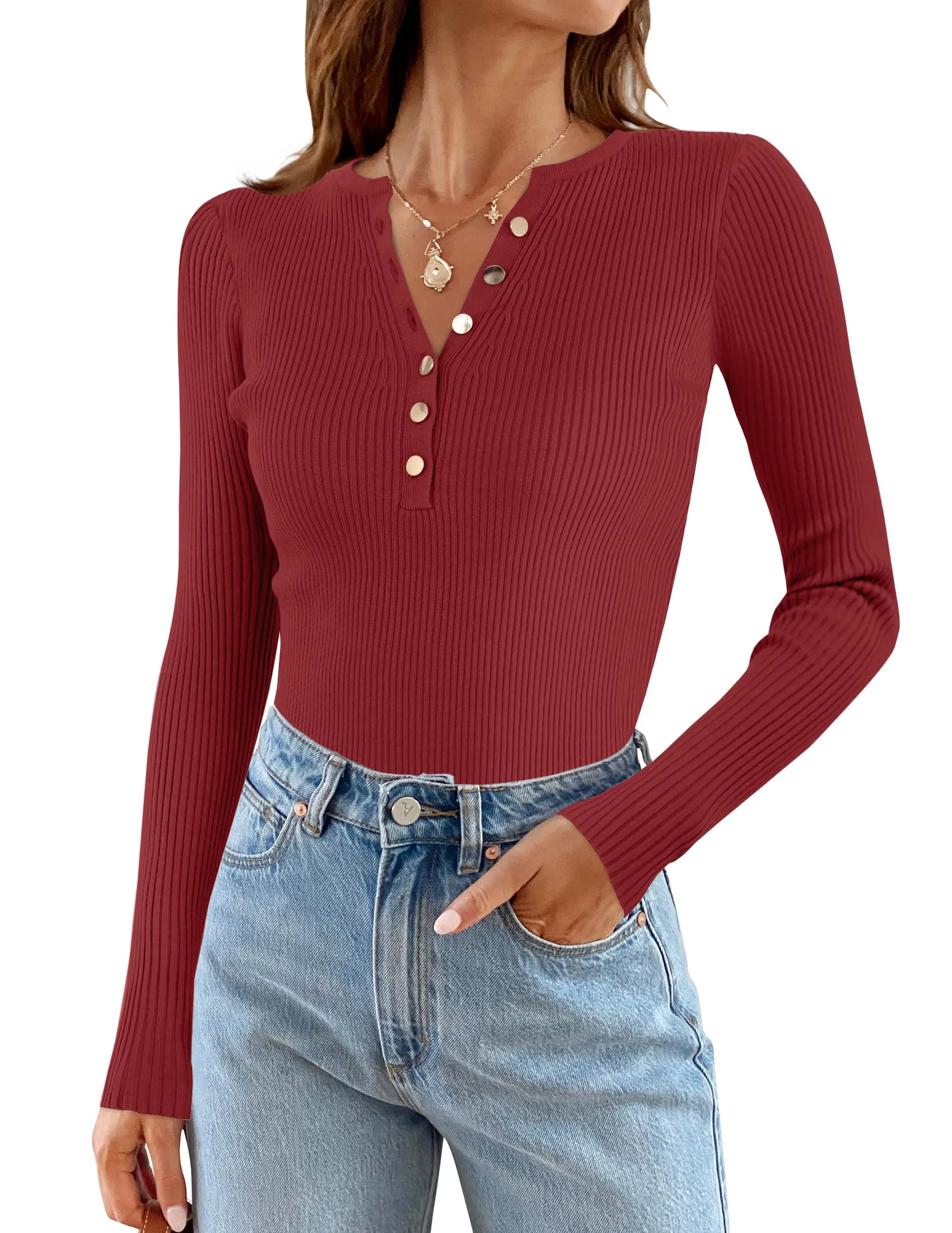 ZESICA Long Sleeve Button Down V Neck Slim Fitted Ribbed Top
