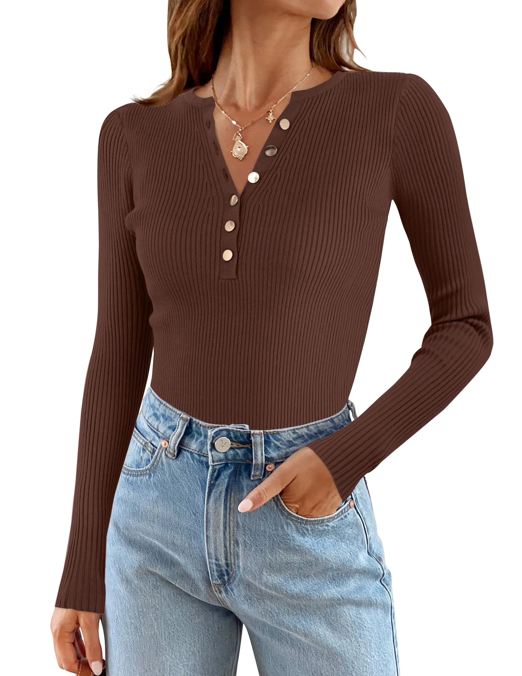 ZESICA Long Sleeve Button Down V Neck Slim Fitted Ribbed Top
