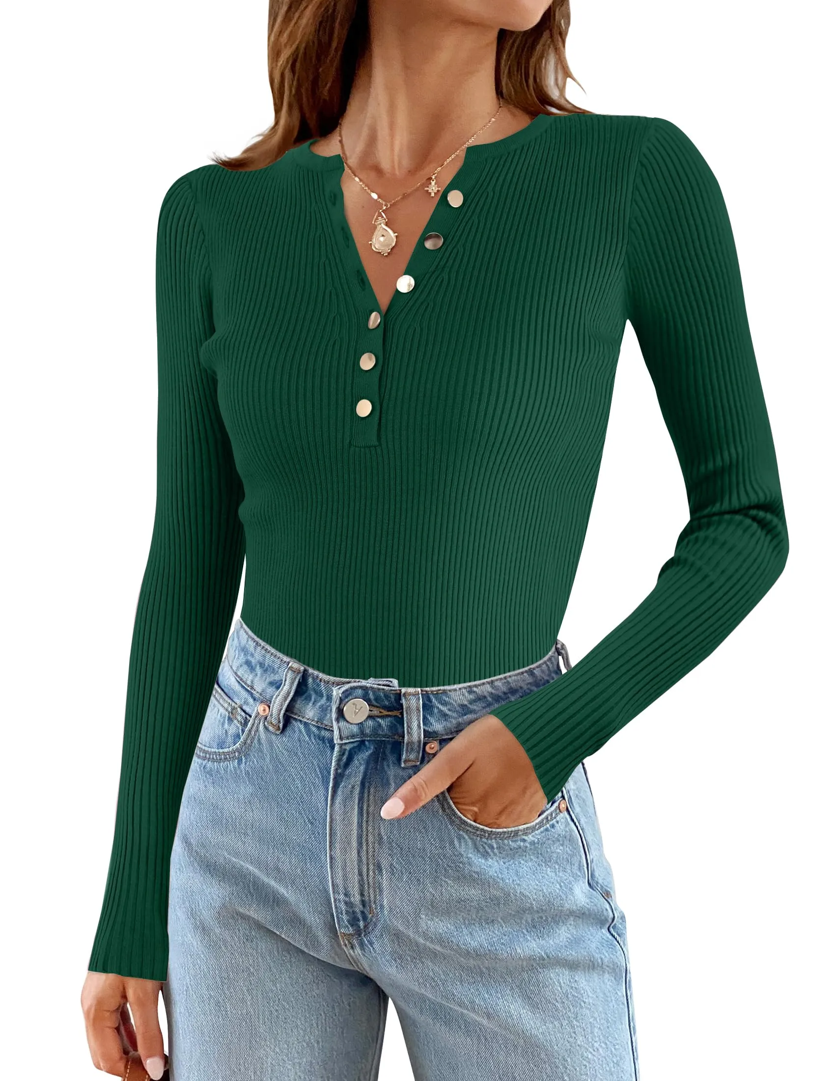 ZESICA Long Sleeve Button Down V Neck Slim Fitted Ribbed Top