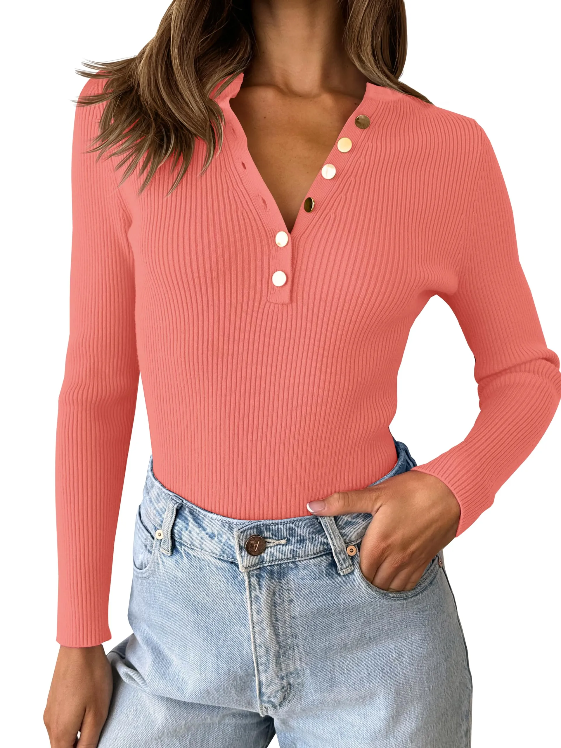 ZESICA Long Sleeve Button Down V Neck Slim Fitted Ribbed Top